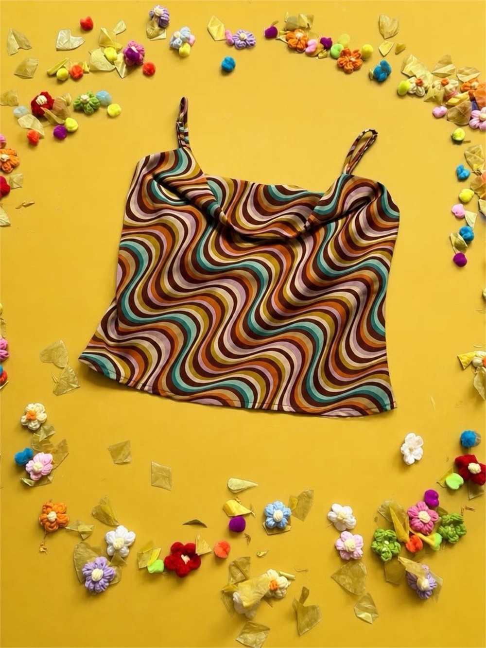 Retro Swirl Cowl-Neck Cami in Brown Multi